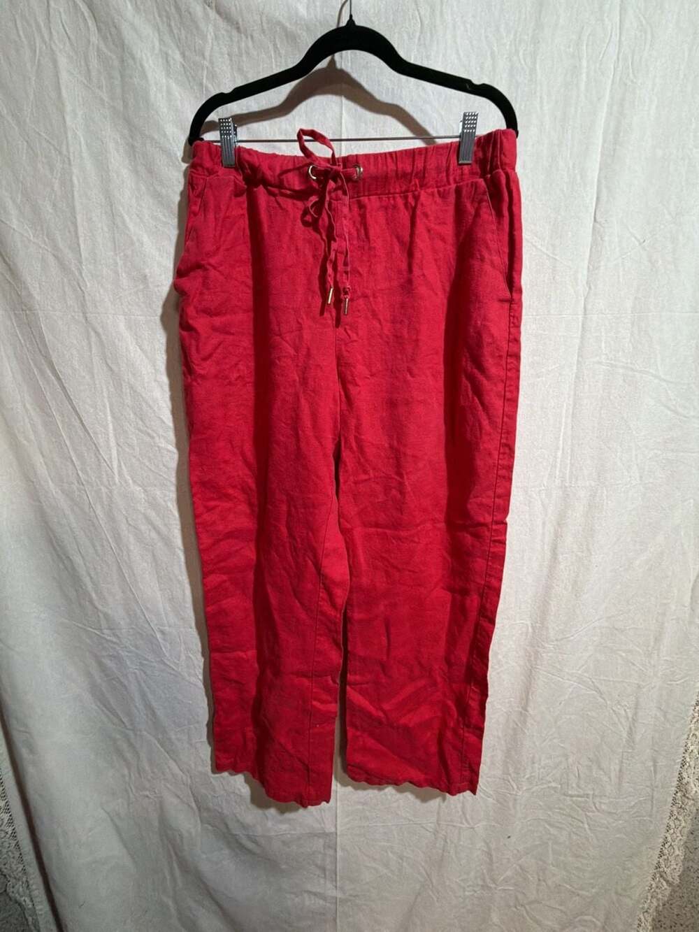 Calligraphie Red Linen-Blend Drawstring Wide Leg Pants